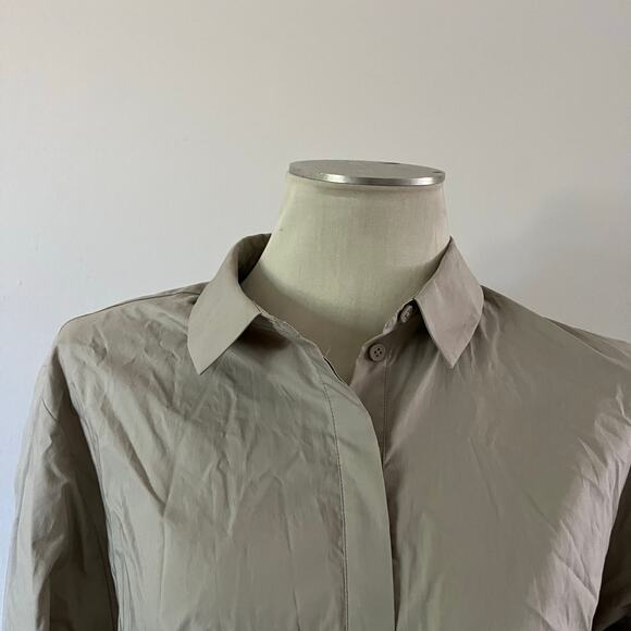 L Academie Beige Tan Mini Shirt Dress Ruched Skirt Tie Sleeves Sz S - Picture 2 of 8